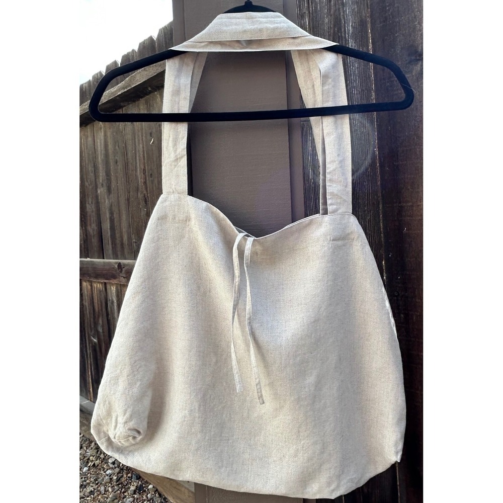 Eileen Fisher Linen Tote Bag Beige Shoulder Shopper Minimalist Tie Closure - Picture 2 of 9